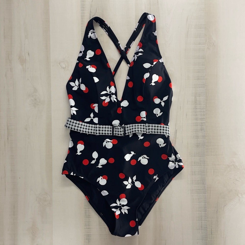 SKINNYDIPPERS cherry printed belted one piece swimsuit sexy vacation travel L